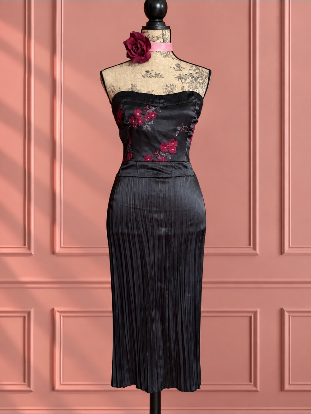 Y2K Le Château Black Pleated Satin Midi Skirt with Embroidered Floral Detail